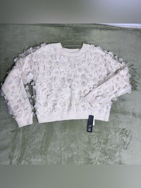 BCX Cream Crewneck Sweater with 3D Floral Appliqués